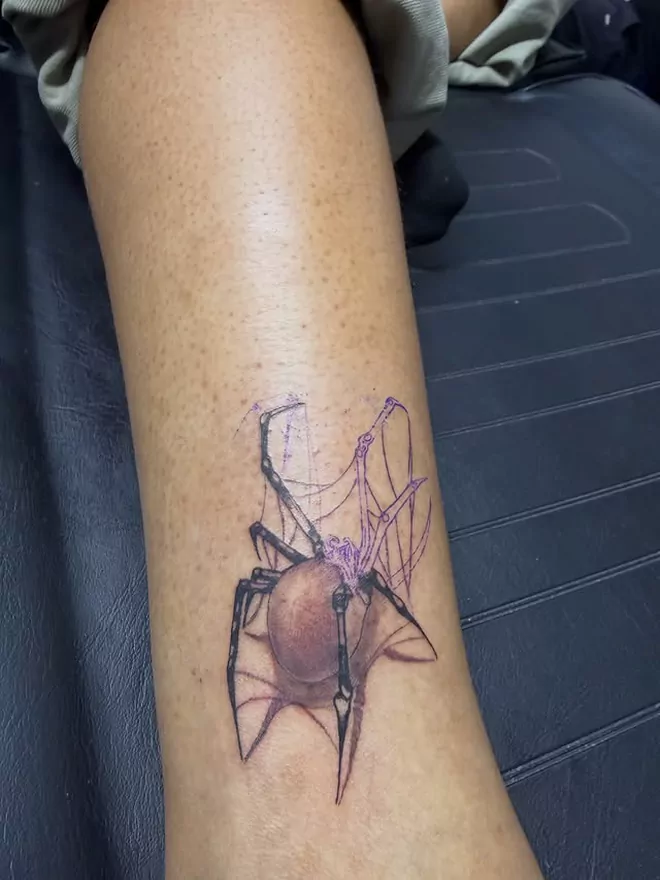 The same spider part way through: the body and legs carrying their first black, purple stencil still showing around the web